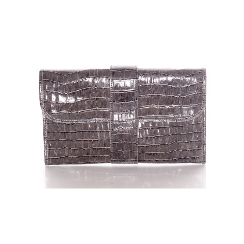 clutch bag in gray crocodile-style leather