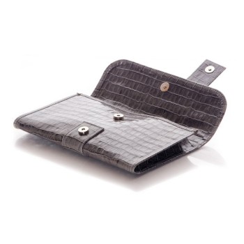 clutch bag in gray crocodile-style leather  opened