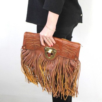 Pochette Alexander McQueen en cuir camel à franges seconde main jamais portée
