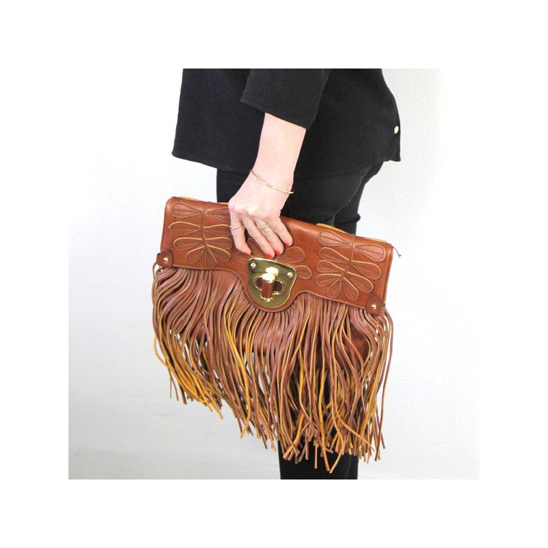 Pochette Alexander McQueen en cuir camel à franges seconde main jamais portée