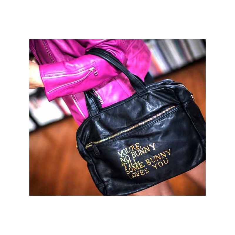 Roomy black Paris House Bunny bag with shoulder strap
