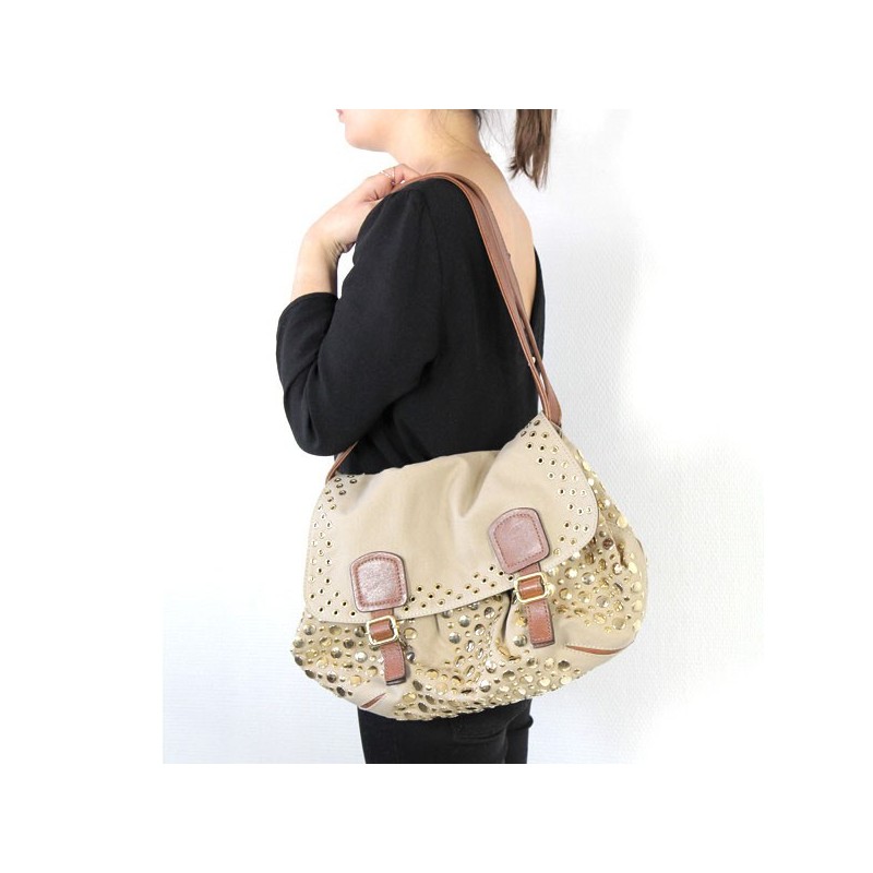 Sonia Rykiel Beige canvas shoulder bag with gold studs