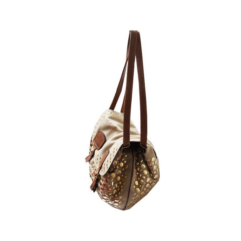 Sonia Rykiel Beige canvas shoulder bag with gold studs pre-owned