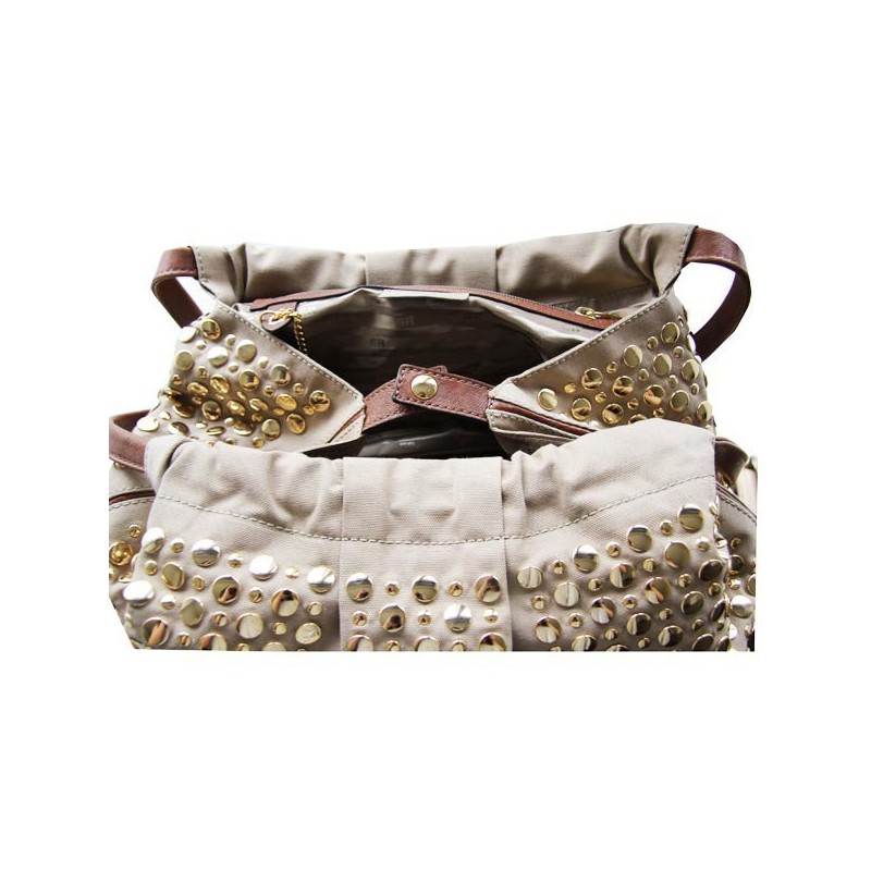 Sonia Rykiel Beige canvas shoulder bag with gold studs pre-owned