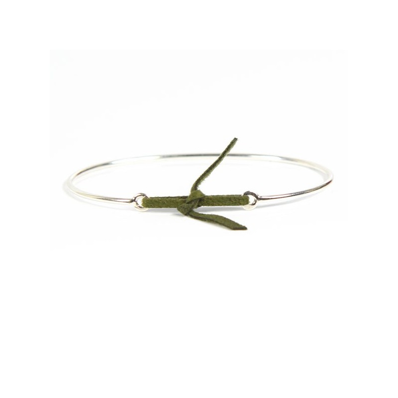 Jonc Argent et lien nubuck Kaki