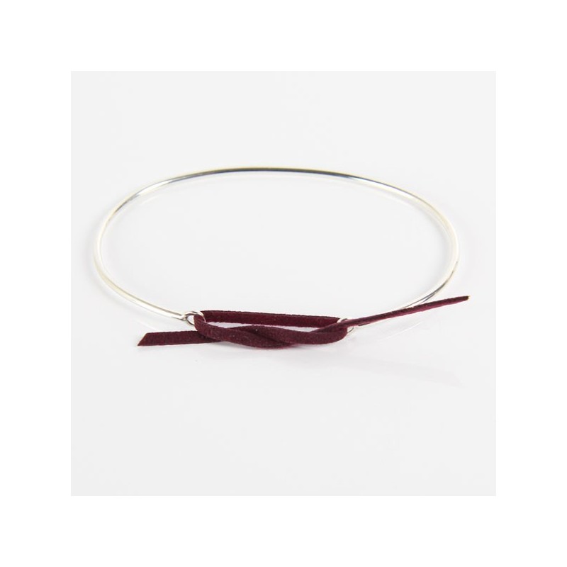 Jonc Argent et lien nubuck Bordeaux