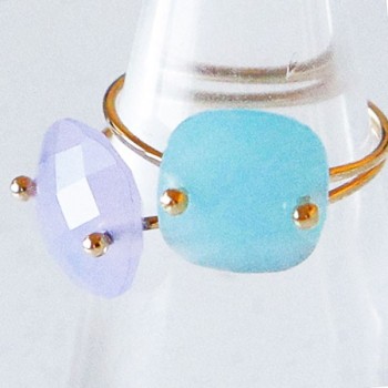 bague quartz bleu ciel et parme plaque or createur