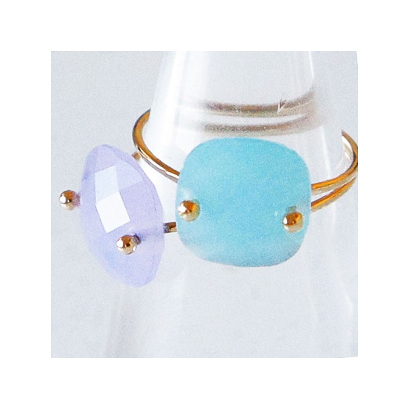 bague quartz bleu ciel et parme plaque or createur
