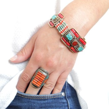 Ethnic bracelet with carnelian and turquoise-style beads on wrist