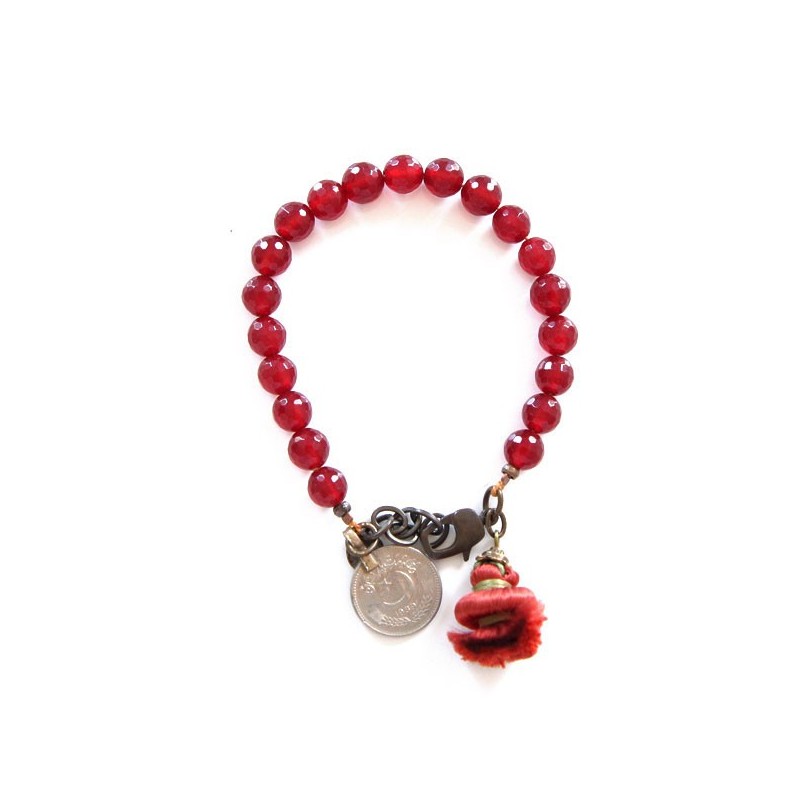 Bracelet Mala Agate rouge pompon Oubek vintage