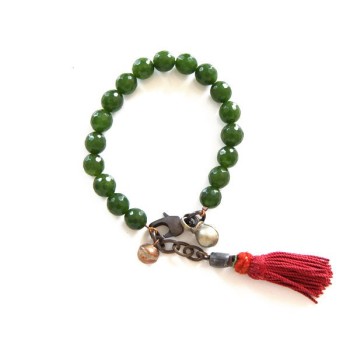 Green agate mala bracelet with red pompon handmade