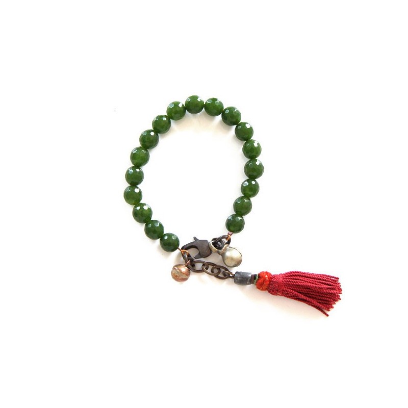 Bracelet Mala agate verte et pompon rouge bijou artisanal