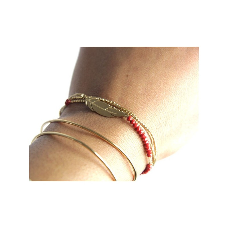 Bracelet Plume Or et perles Lilas