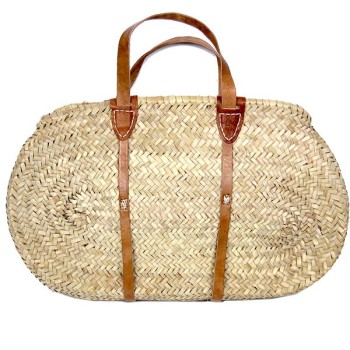 Flat urban straw basket and leather handles