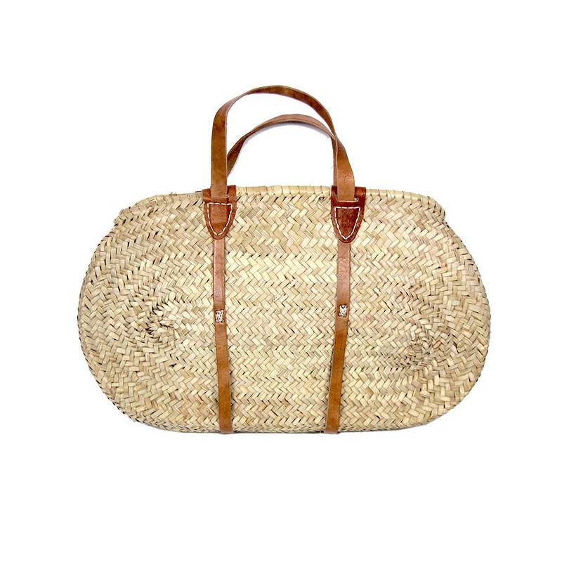 Flat urban straw basket and leather handles