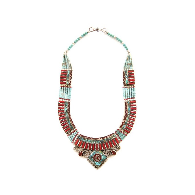 collier ethnique turquoise et cornaline