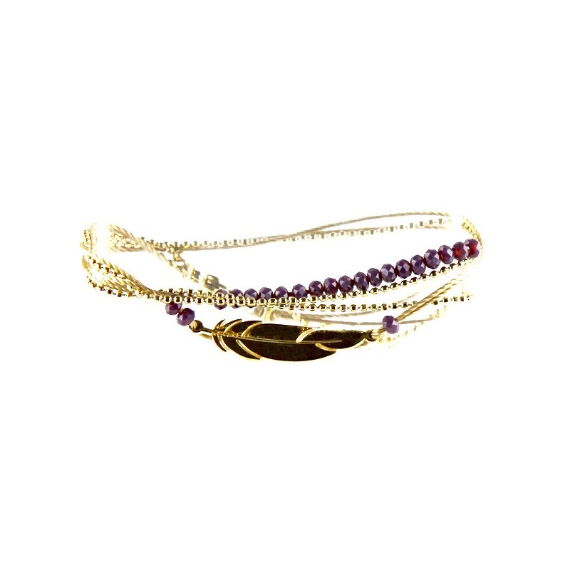 Bracelet Plume Or et perles Lilas