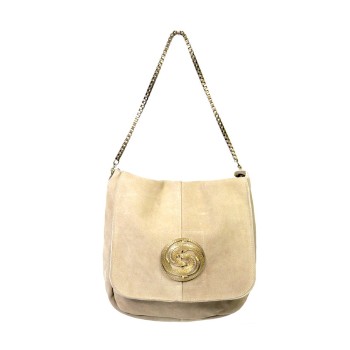 Beige suede leather shoulder bag with rhinestone lizard by French brand Sous les pavés Paris.