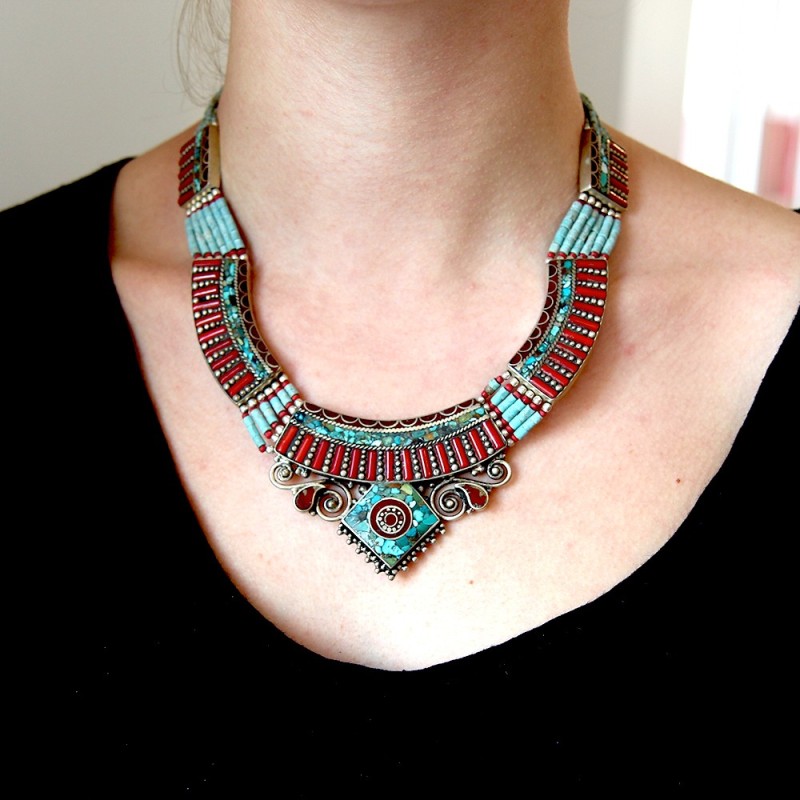 collier ethnique turquoise et cornaline