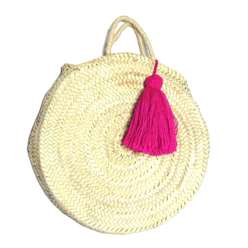 round beach basket with pink pompon