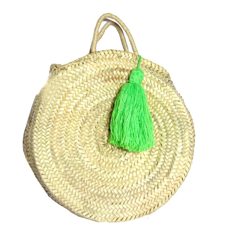 round beach basket with green fluorescent pompon