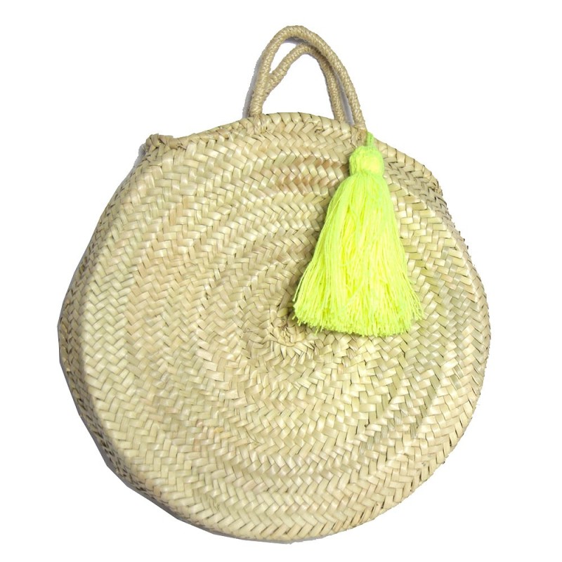 round beach basket with yellow fluorescent pompon