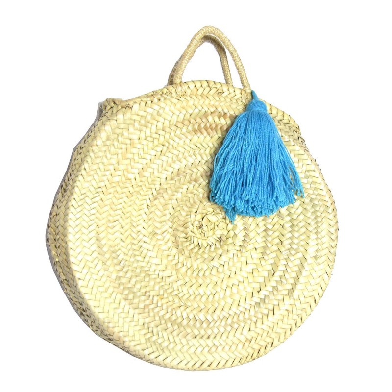 round beach basket with blue pompon