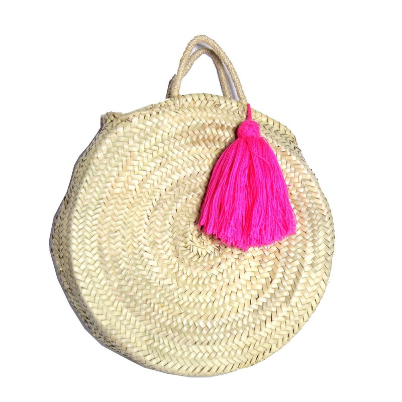 panier de plage rond et pompon fluo rose