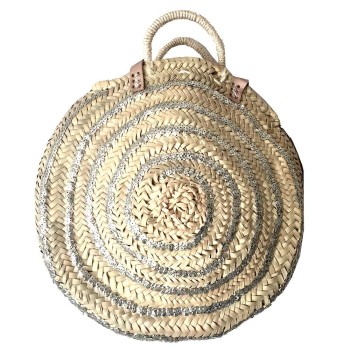 Panier Rond en feuilles de palmier tressées et paillettes Argent de face