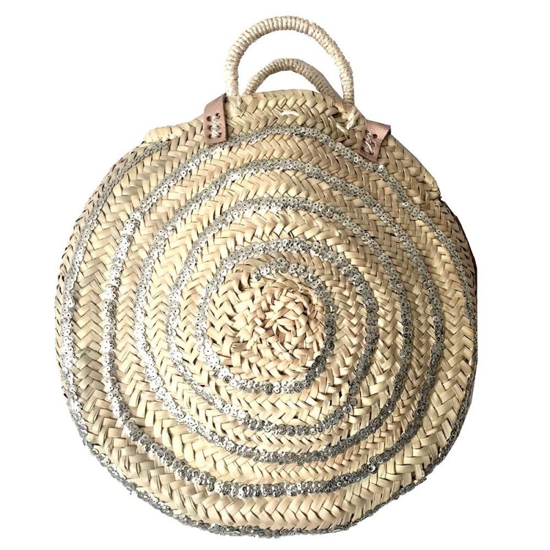 Panier Rond en feuilles de palmier tressées et paillettes Argent de face