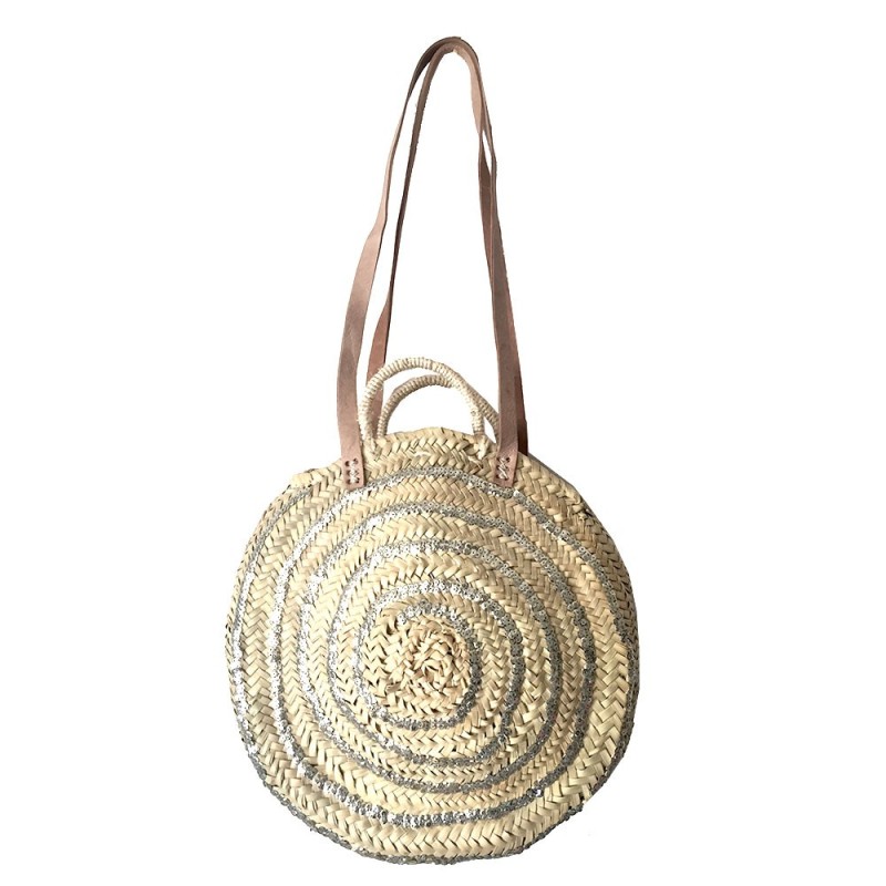 Panier Rond en feuilles de palmier tressées et paillettes Argent