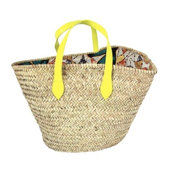 Panier de plage en paille tressée et anses Jaune fluo