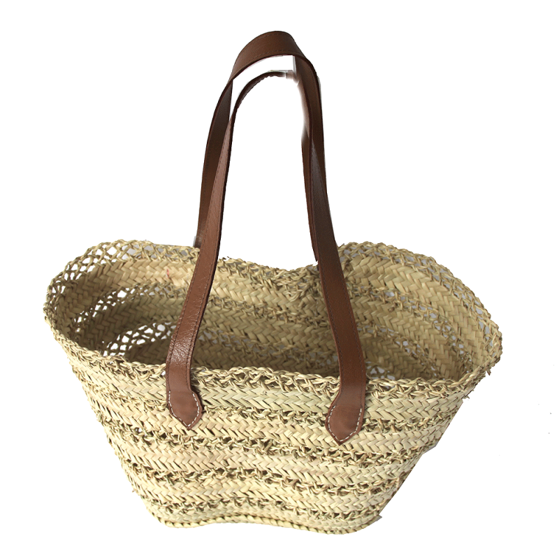 panier osier tresse plage cuir camel