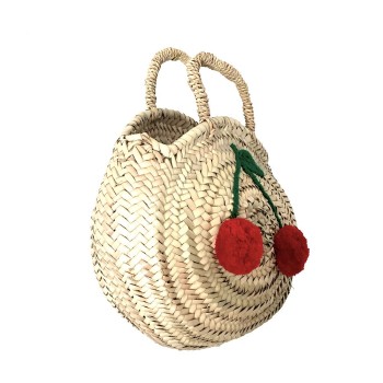 round basket embroidered with woollen cherries