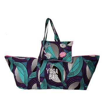 Yoga mat bag in purple turquoise black and white wax print