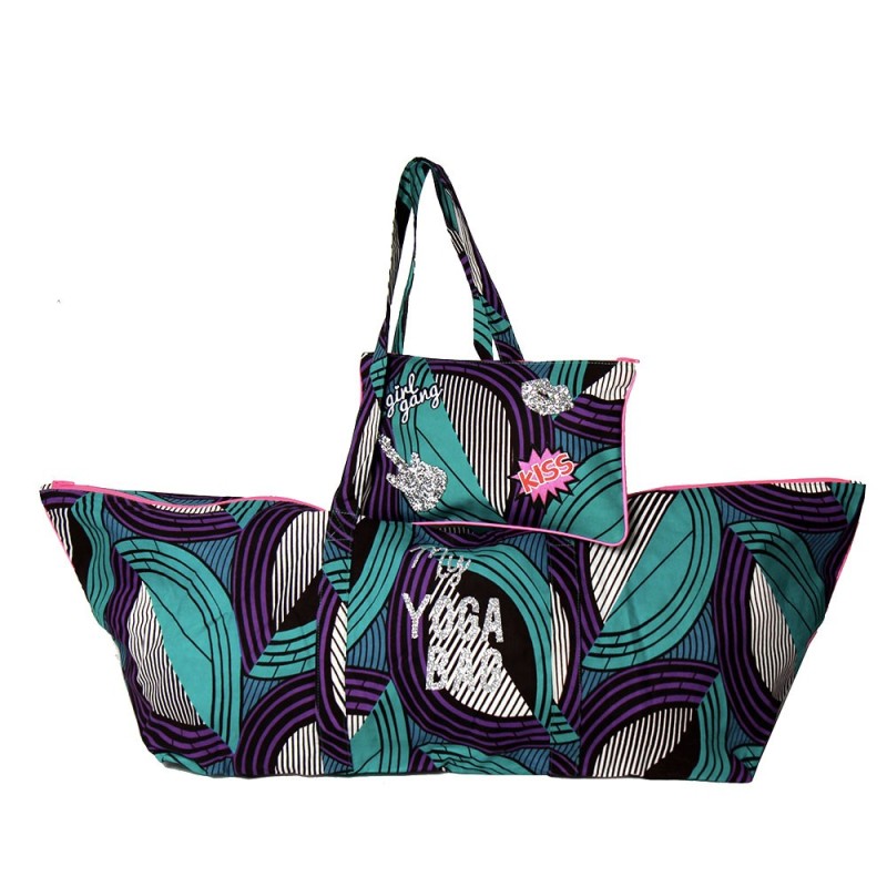 Yoga mat bag in purple turquoise black and white wax print