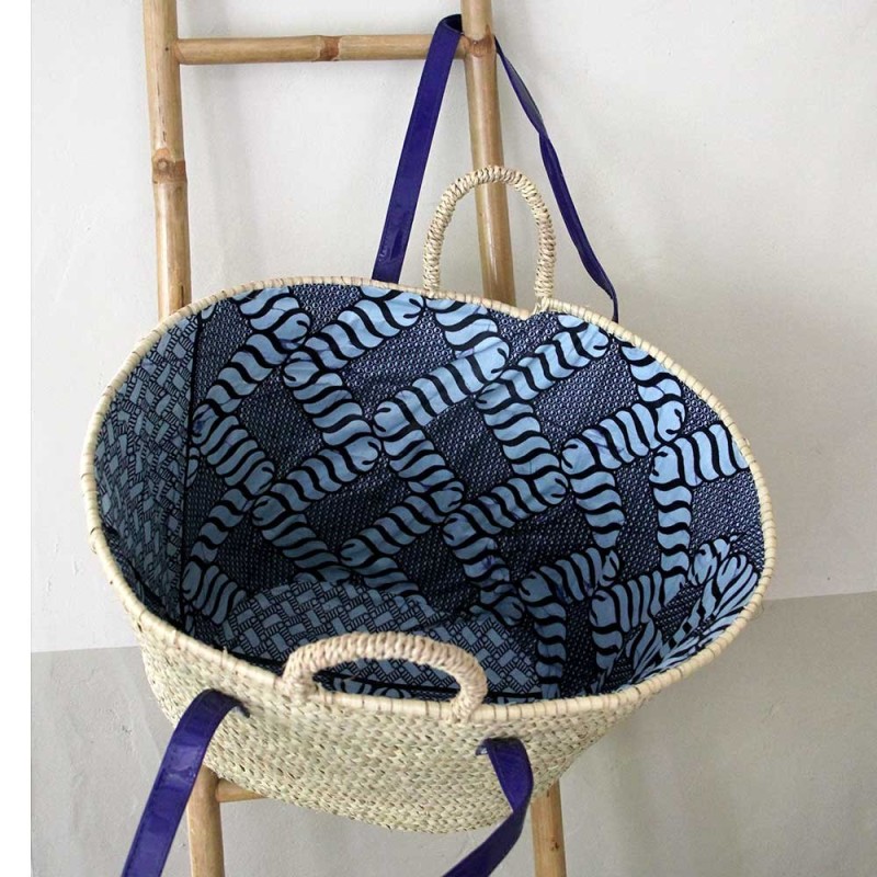 Navy blue beach Straw basket coton lining