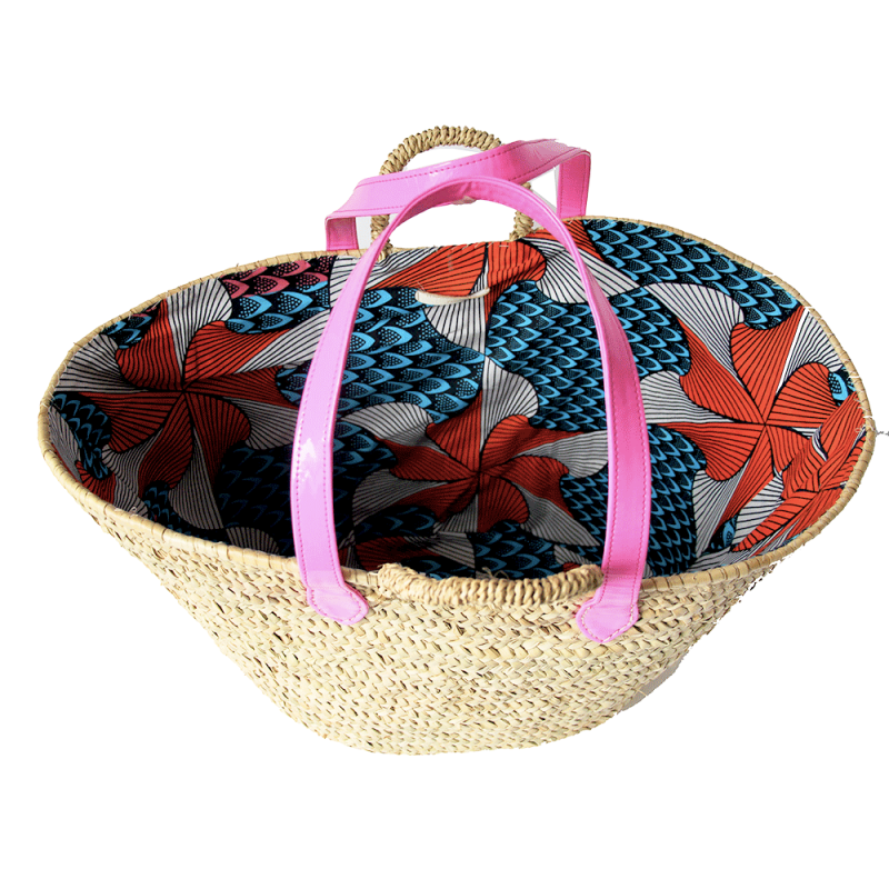 Panier de plage en paille tressée doublé coton wax