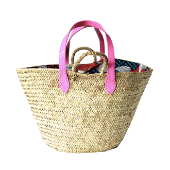 Panier de plage en paille tressée et anses Rose fluo