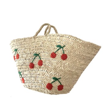 beach straw basket cherries embroidered