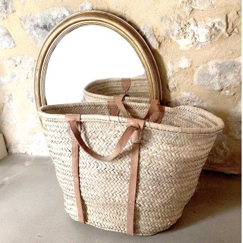 Woven wicker beach basket with leather handles