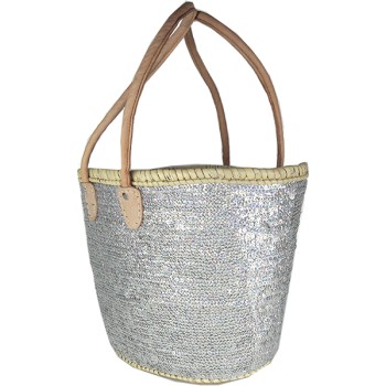 Woven straw beach basket with silver sequins and inner lining