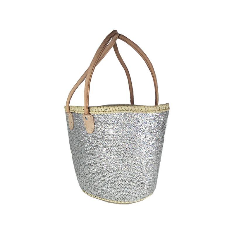 Woven straw beach basket with silver sequins and inner lining