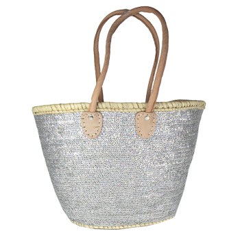 Silver sequin straw beach tote styled for summer holidays