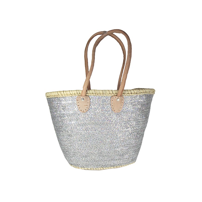 Silver sequin straw beach tote styled for summer holidays