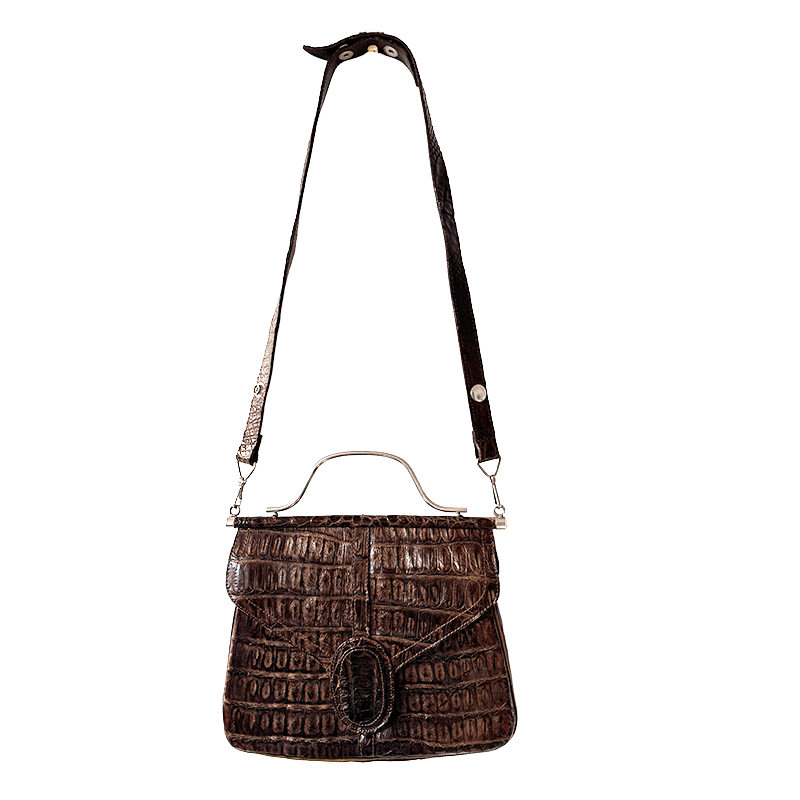 Sac plat vintage en cuir façon croco brun