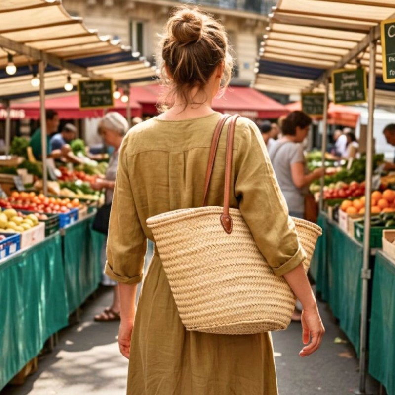 Grand panier de plage en osier tressé pour serviette et essentiels d’été
