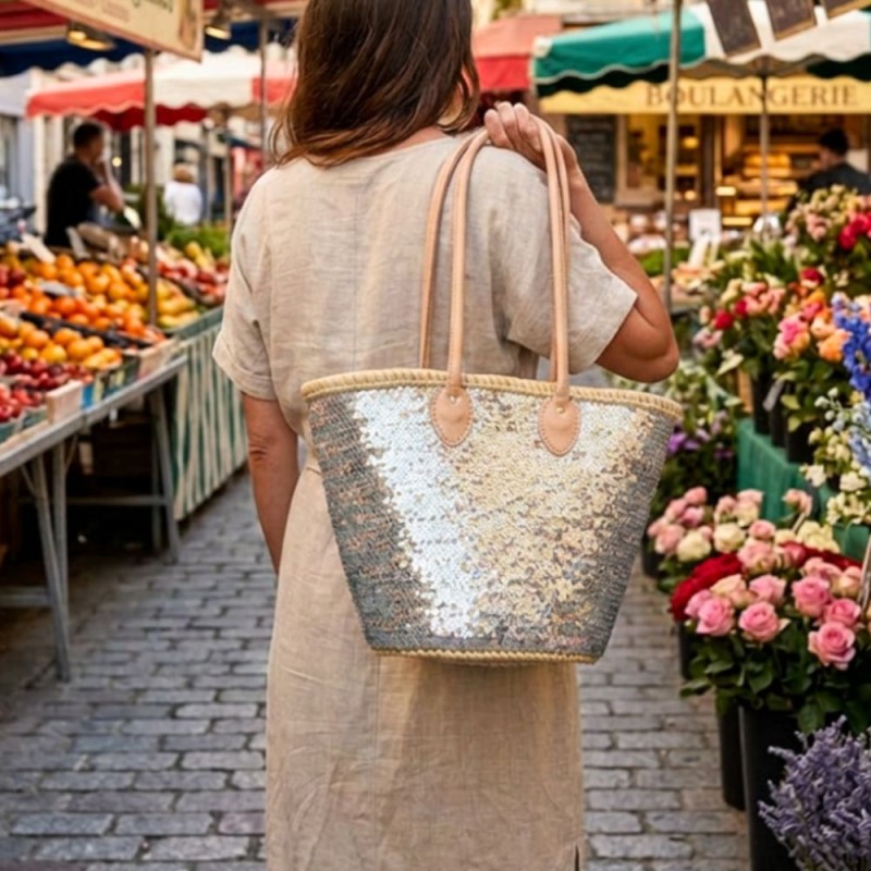 panier de marché en osier à sequins brodés argent