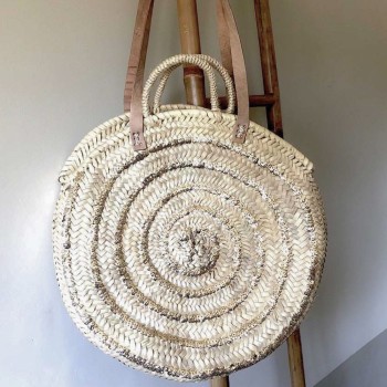 Bohemian chic round straw basket with silver sequins