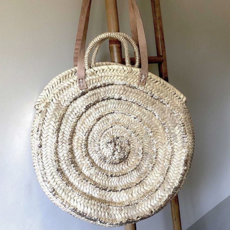 Bohemian chic round straw basket with silver sequins